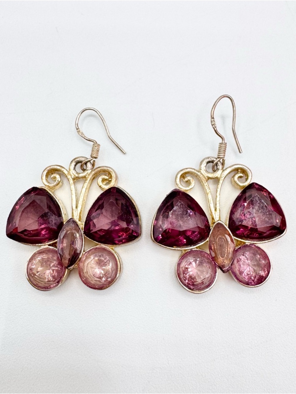 Purple Glass Stone Butterfly Dangle Earrings Silver Tone Cottagecore Fairycore